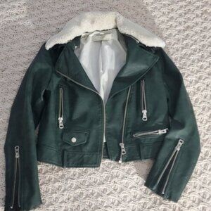 Green Aviator Moto Jacket With Removable Shearling